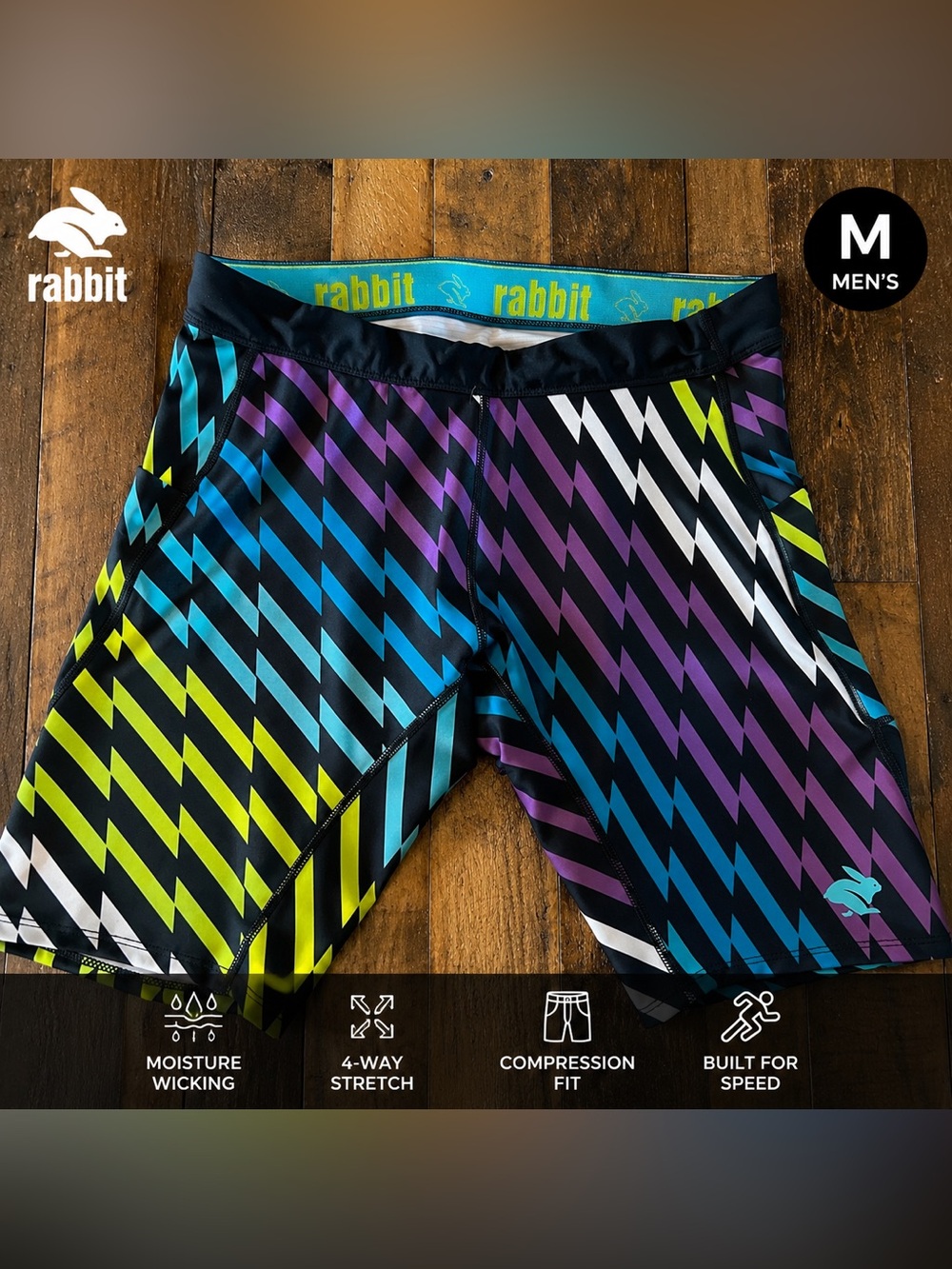 Rabbit Running Half Tights Mens Medium Neon Lightning Print Compression Shorts